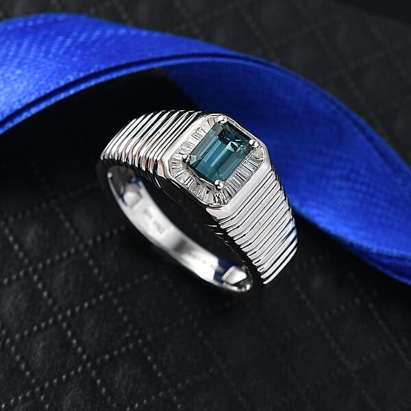 D'Joy Premium Monte Belo Indicolite And Diamond 0.85 Ctw Gilded Royal Regime Men's Ring In Rhodium Over Sterling Silver