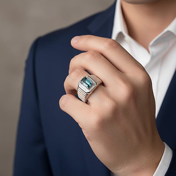 D'Joy Premium Monte Belo Indicolite And Diamond 0.85 Ctw Gilded Royal Regime Men's Ring In Rhodium Over Sterling Silver