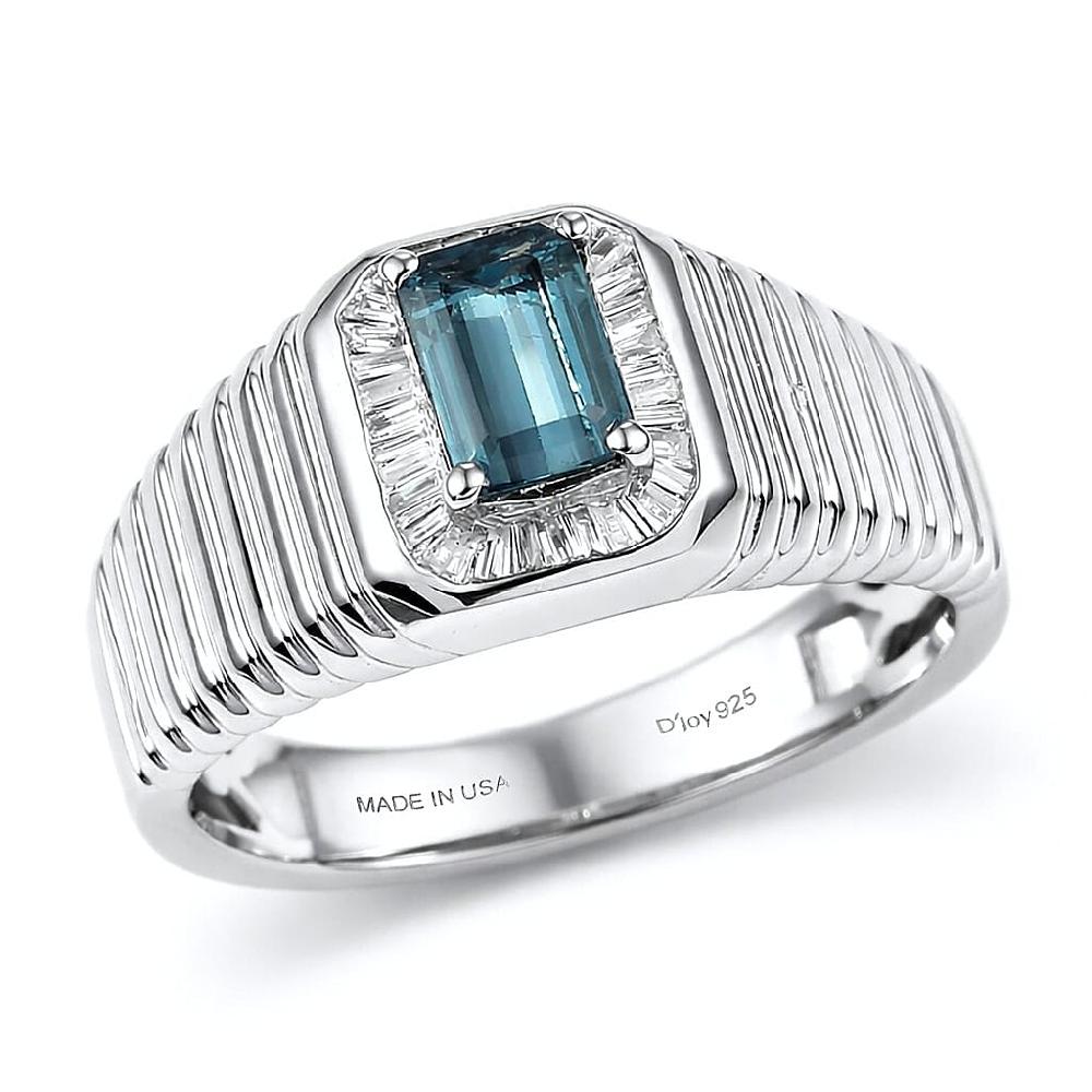 D'Joy Premium Monte Belo Indicolite and Diamond 0.85 ctw Gilded Royal Regime Men's Ring in Rhodium Over Sterling Silver