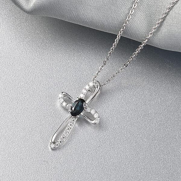 D'Joy Premium Monte Belo Indicolite And Moissanite 0.40 Ctw Royal Azure Cross Pendant Necklace In Rhodium Over Sterling Silver 20 Inches