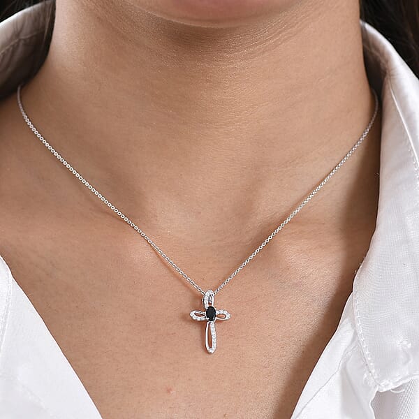 D'Joy Premium Monte Belo Indicolite And Moissanite 0.40 Ctw Royal Azure Cross Pendant Necklace In Rhodium Over Sterling Silver 20 Inches