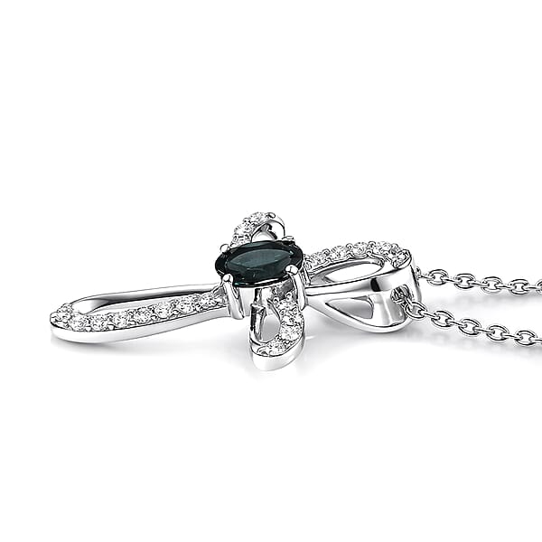 D'Joy Premium Monte Belo Indicolite And Moissanite 0.40 Ctw Royal Azure Cross Pendant Necklace In Rhodium Over Sterling Silver 20 Inches