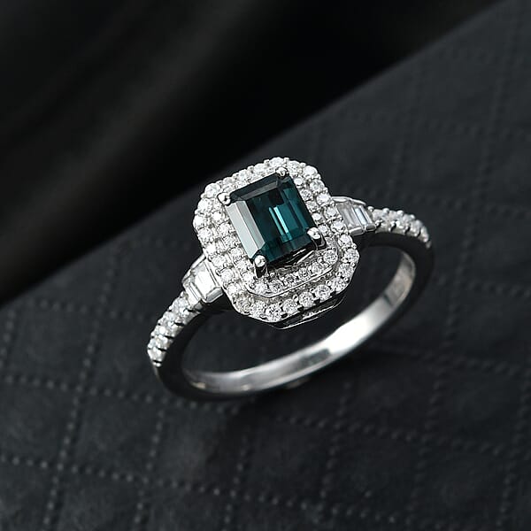 D'Joy Premium Monte Belo Indicolite And Moissanite 1.35 Ctw Regal Heritage Architecture Ring In Rhodium Over Sterling Silver