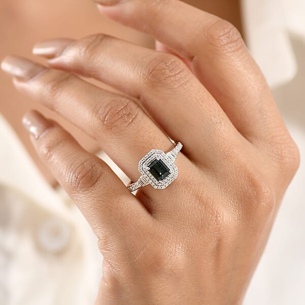 D'Joy Premium Monte Belo Indicolite And Moissanite 1.35 Ctw Regal Heritage Architecture Ring In Rhodium Over Sterling Silver
