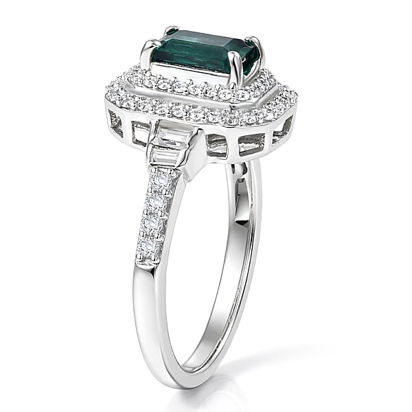 D'Joy Premium Monte Belo Indicolite And Moissanite 1.35 Ctw Regal Heritage Architecture Ring In Rhodium Over Sterling Silver