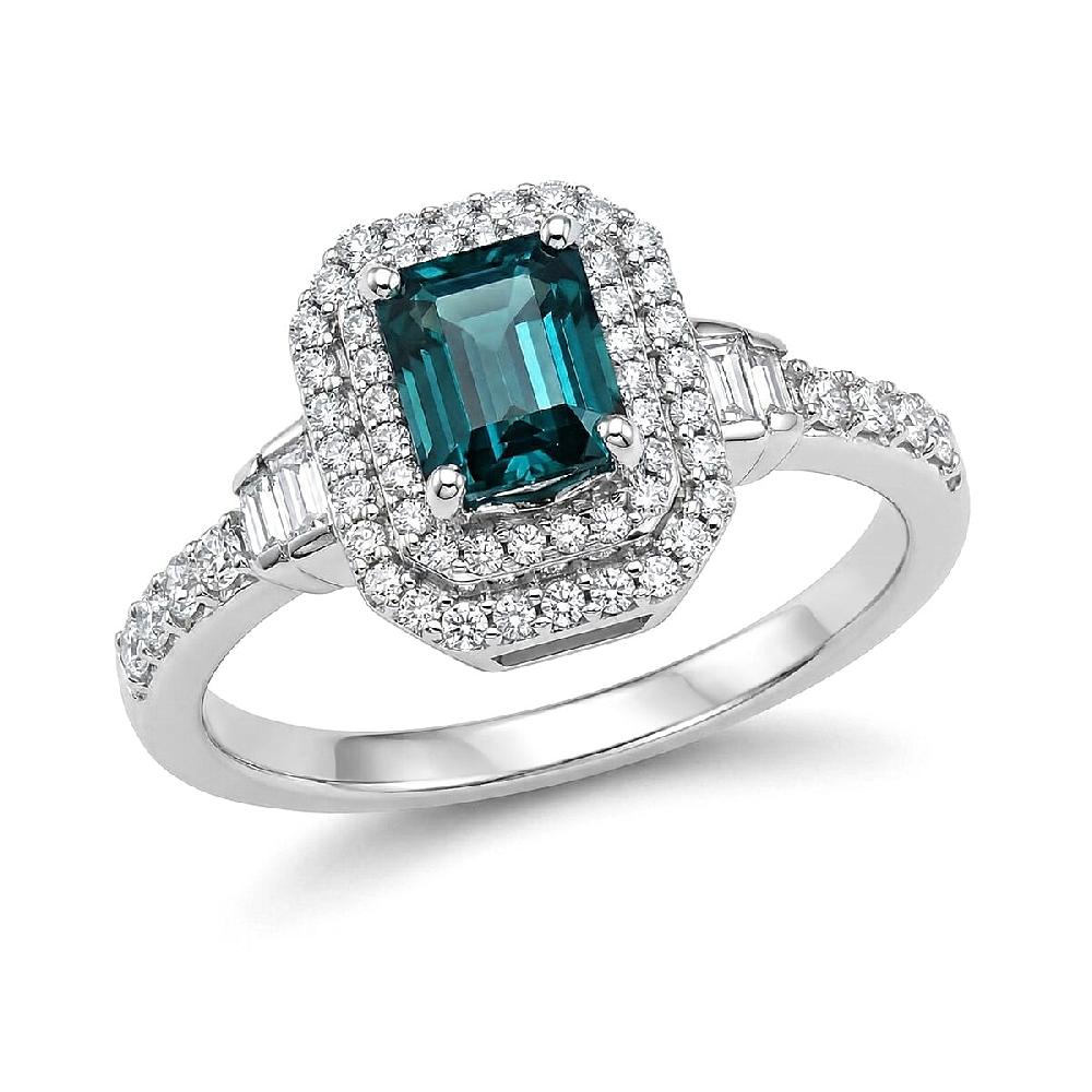 D'Joy Premium Monte Belo Indicolite and Moissanite 1.35 ctw Regal Heritage Architecture Ring in Rhodium Over Sterling Silver