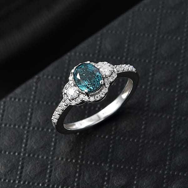 D'Joy Premium Monte Belo Indicolite And Moissanite 1.40 Ctw Trinity Halo Ring In Rhodium Over Sterling Silver