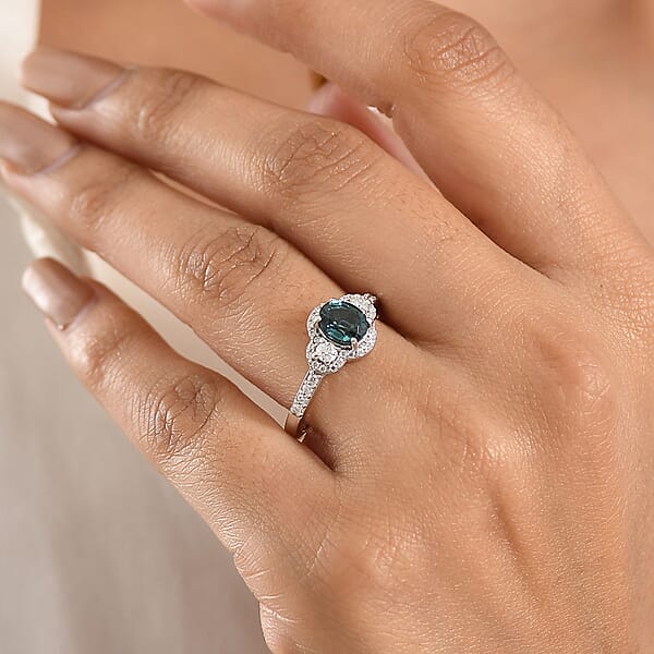 D'Joy Premium Monte Belo Indicolite And Moissanite 1.40 Ctw Trinity Halo Ring In Rhodium Over Sterling Silver