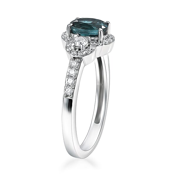 D'Joy Premium Monte Belo Indicolite And Moissanite 1.40 Ctw Trinity Halo Ring In Rhodium Over Sterling Silver