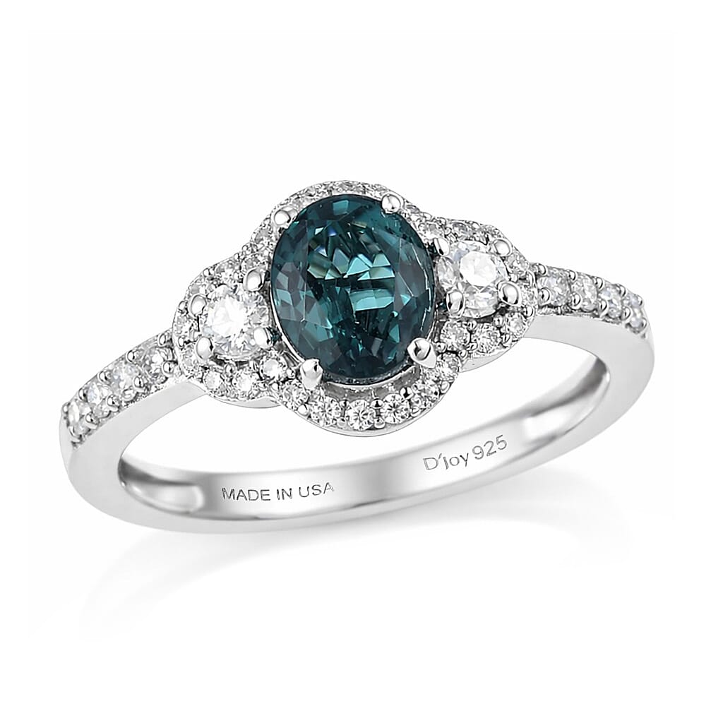 D'Joy Premium Monte Belo Indicolite and Moissanite 1.40 ctw Trinity Halo Ring in Rhodium Over Sterling Silver