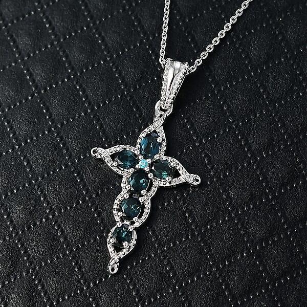 D'Joy Premium Monte Belo Indicolite And Paraiba Tourmaline 1.00 Ctw Cross Pendant Necklace In Rhodium Over Sterling Silver 20 Inches