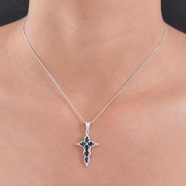 D'Joy Premium Monte Belo Indicolite And Paraiba Tourmaline 1.00 Ctw Cross Pendant Necklace In Rhodium Over Sterling Silver 20 Inches