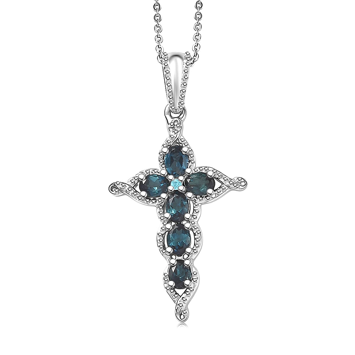D'Joy Premium Monte Belo Indicolite and Paraiba Tourmaline 1.00 ctw Cross Pendant Necklace in Rhodium Over Sterling Silver 20 Inches