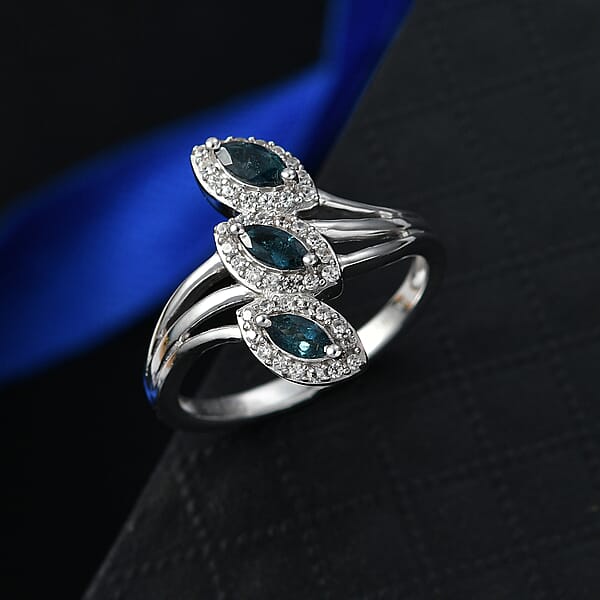 D'Joy Premium Monte Belo Indicolite And White Zircon 0.75 Ctw Regal Tulip Garden Ring In Rhodium Over Sterling Silver