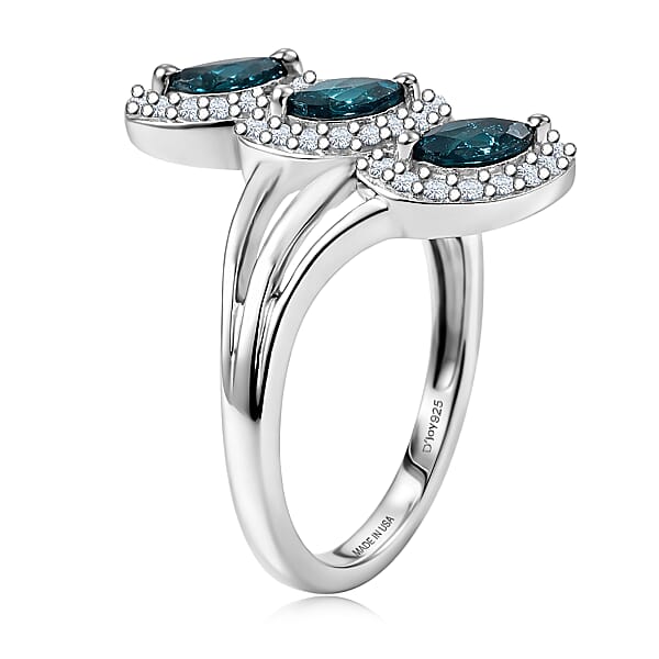 D'Joy Premium Monte Belo Indicolite And White Zircon 0.75 Ctw Regal Tulip Garden Ring In Rhodium Over Sterling Silver