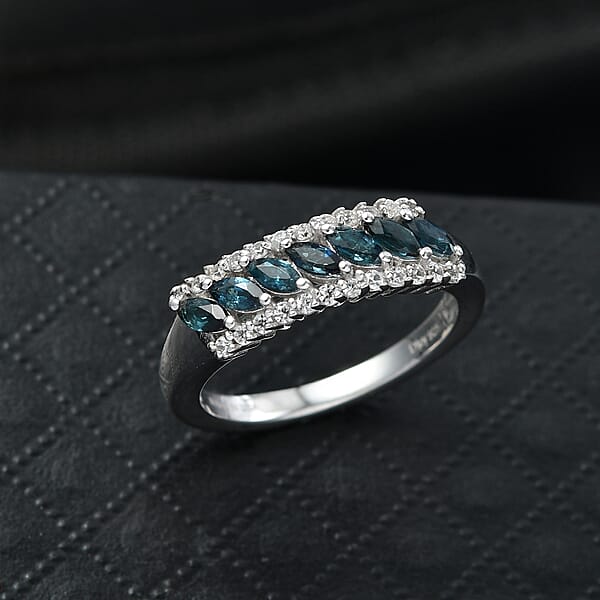 D'Joy Premium Monte Belo Indicolite And White Zircon 0.75 Ctw Flowline Ring In Rhodium Over Sterling Silver