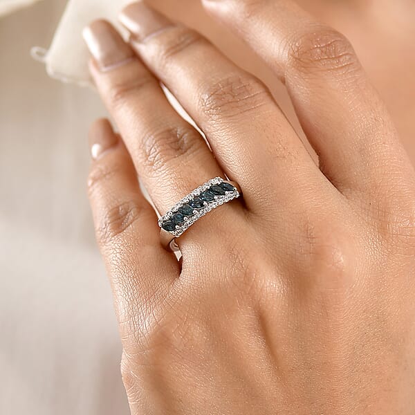 D'Joy Premium Monte Belo Indicolite And White Zircon 0.75 Ctw Flowline Ring In Rhodium Over Sterling Silver