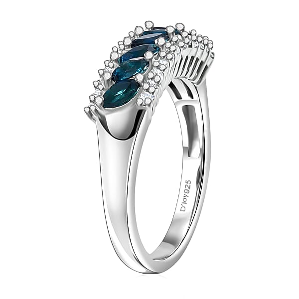 D'Joy Premium Monte Belo Indicolite And White Zircon 0.75 Ctw Flowline Ring In Rhodium Over Sterling Silver