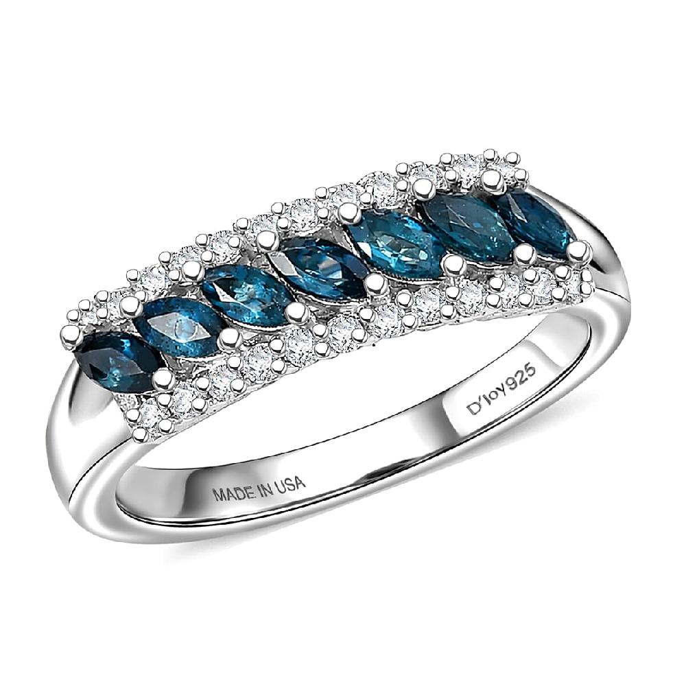D'Joy Premium Monte Belo Indicolite and White Zircon 0.75 ctw Flowline Ring in Rhodium Over Sterling Silver