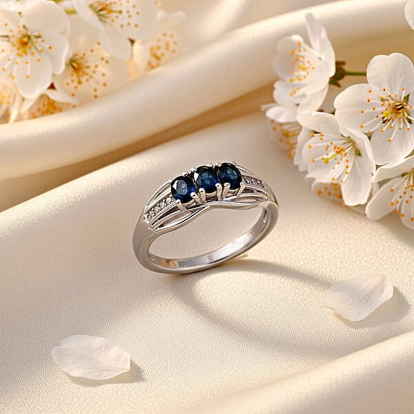 D'Joy Premium Monte Belo Indicolite And White Zircon 0.60 Ctw Azure Trinity Ring In Rhodium Over Sterling Silver
