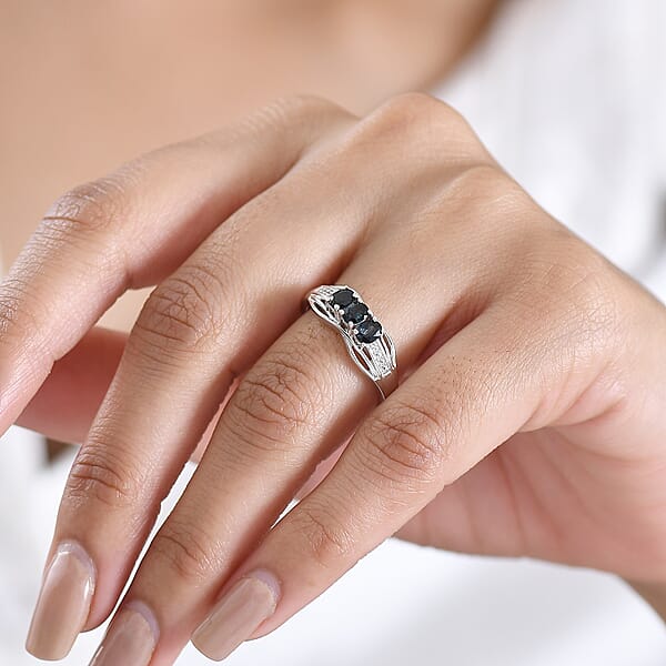 D'Joy Premium Monte Belo Indicolite And White Zircon 0.60 Ctw Azure Trinity Ring In Rhodium Over Sterling Silver