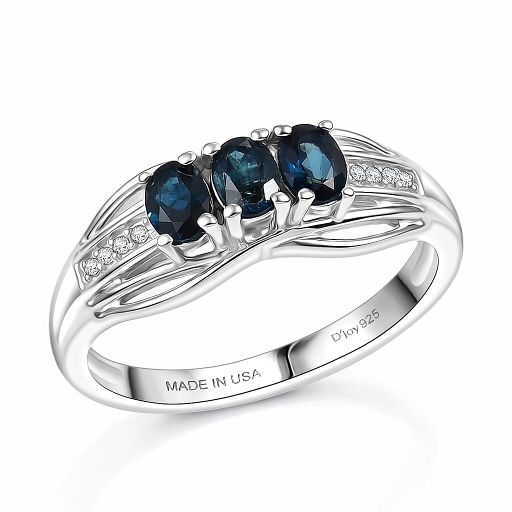 D'Joy Premium Monte Belo Indicolite and White Zircon 0.60 ctw Azure Trinity Ring in Rhodium Over Sterling Silver