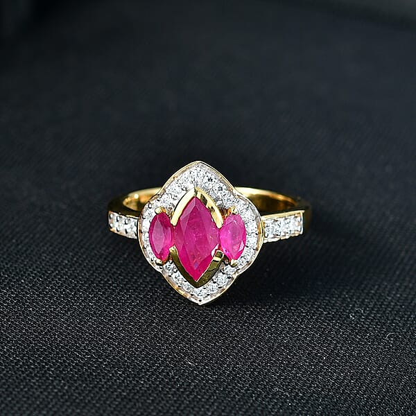 D'Joy Premium Montepuez Ruby And Moissanite 1.75 Ctw Crown Radiance Ring In 18K Vermeil Yellow Gold Over Sterling Silver