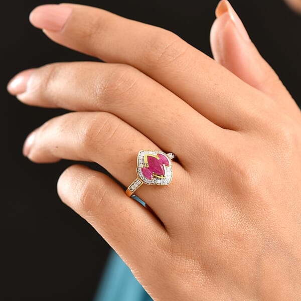 D'Joy Premium Montepuez Ruby And Moissanite 1.75 Ctw Crown Radiance Ring In 18K Vermeil Yellow Gold Over Sterling Silver
