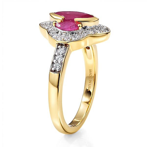 D'Joy Premium Montepuez Ruby And Moissanite 1.75 Ctw Crown Radiance Ring In 18K Vermeil Yellow Gold Over Sterling Silver