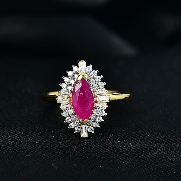 D'Joy Premium Montepuez Ruby And Moissanite 2.00 Ctw Regal Crown Ring In 18K Vermeil Yellow Gold Over Sterling Silver