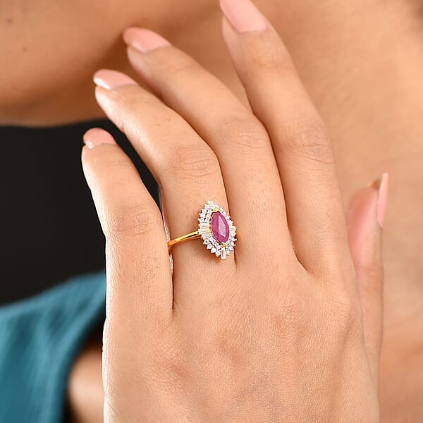 D'Joy Premium Montepuez Ruby And Moissanite 2.00 Ctw Regal Crown Ring In 18K Vermeil Yellow Gold Over Sterling Silver