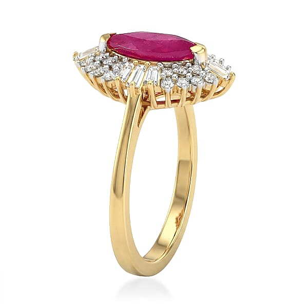 D'Joy Premium Montepuez Ruby And Moissanite 2.00 Ctw Regal Crown Ring In 18K Vermeil Yellow Gold Over Sterling Silver