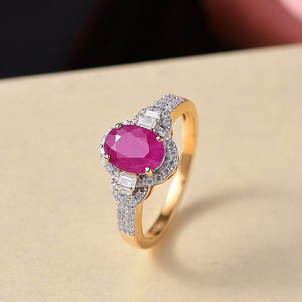 D'Joy Premium Montepuez Ruby And Moissanite 2.00 Ctw Scarlet Radiance Ring In 18K Vermeil Yellow Gold Over Sterling Silver