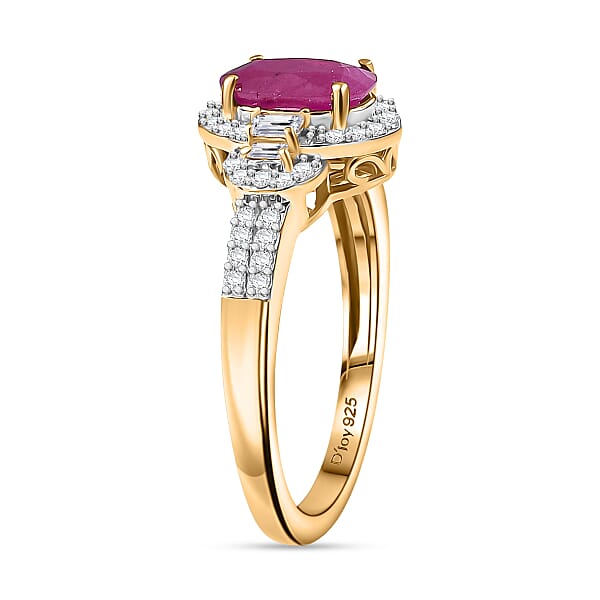 D'Joy Premium Montepuez Ruby And Moissanite 2.00 Ctw Scarlet Radiance Ring In 18K Vermeil Yellow Gold Over Sterling Silver