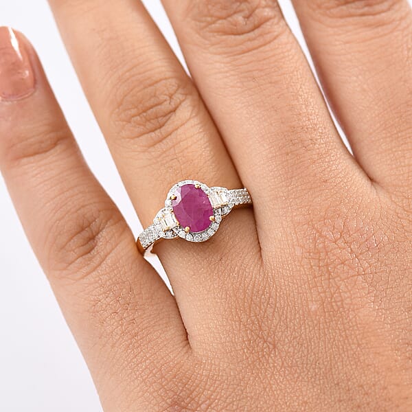 D'Joy Premium Montepuez Ruby And Moissanite 2.00 Ctw Scarlet Radiance Ring In 18K Vermeil Yellow Gold Over Sterling Silver