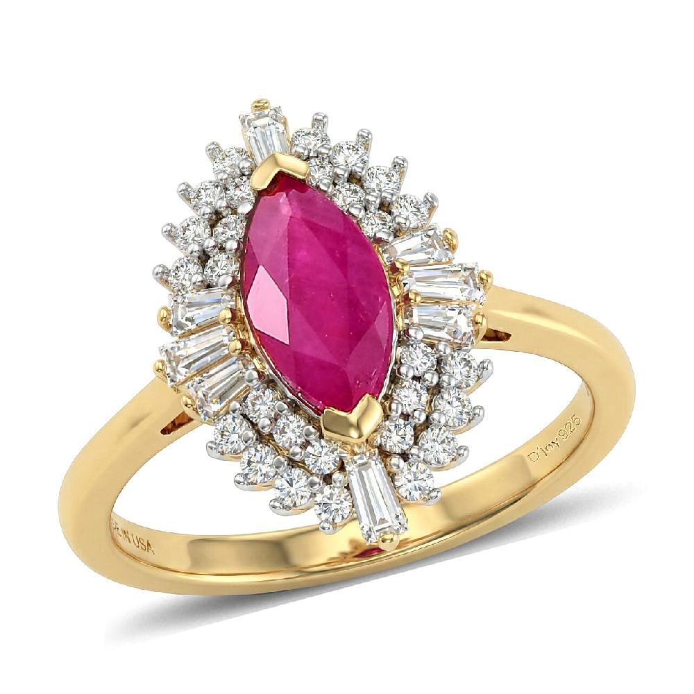 D'Joy Premium Montepuez Ruby And Moissanite 2.00 Ctw Regal Crown Ring In 18K Vermeil Yellow Gold Over Sterling Silver