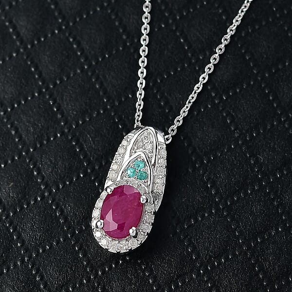 D'Joy Premium Montepuez Ruby Paraiba Tourmaline And Diamond 1.50 Ctw Aquaflame Pendant Necklace In Rhodium Over Sterling Silver 20 Inches