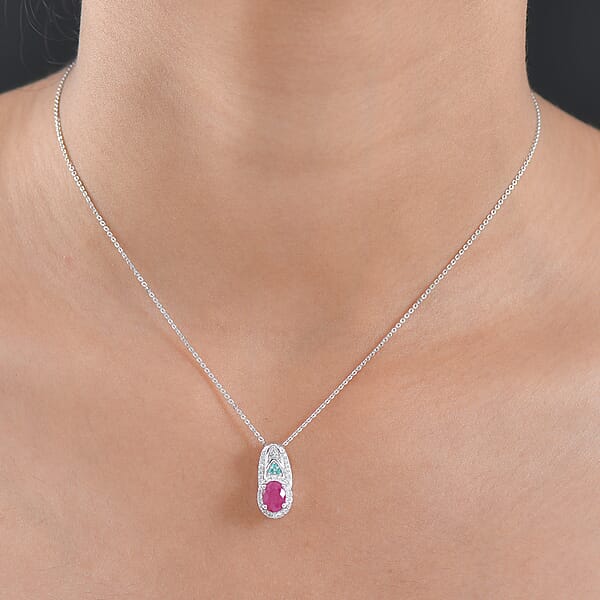 D'Joy Premium Montepuez Ruby Paraiba Tourmaline And Diamond 1.50 Ctw Aquaflame Pendant Necklace In Rhodium Over Sterling Silver 20 Inches
