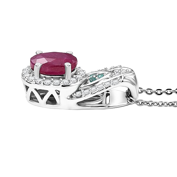 D'Joy Premium Montepuez Ruby Paraiba Tourmaline And Diamond 1.50 Ctw Aquaflame Pendant Necklace In Rhodium Over Sterling Silver 20 Inches