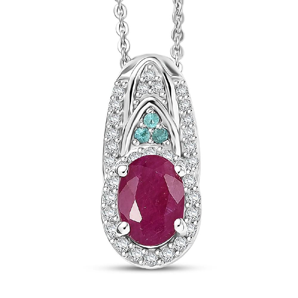 D'Joy Premium Montepuez Ruby Paraiba Tourmaline and Diamond 1.50 ctw Aquaflame Pendant Necklace in Rhodium Over Sterling Silver 20 Inches