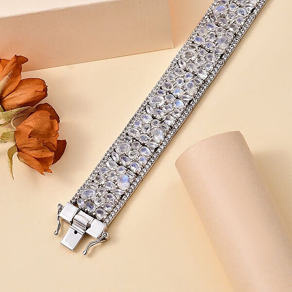 D'Joy Premium Moon Glow Moonstone And White Zircon 29.00 Ctw Carpet Of Stars Bracelet In Rhodium Over Sterling Silver (7.25 In)
