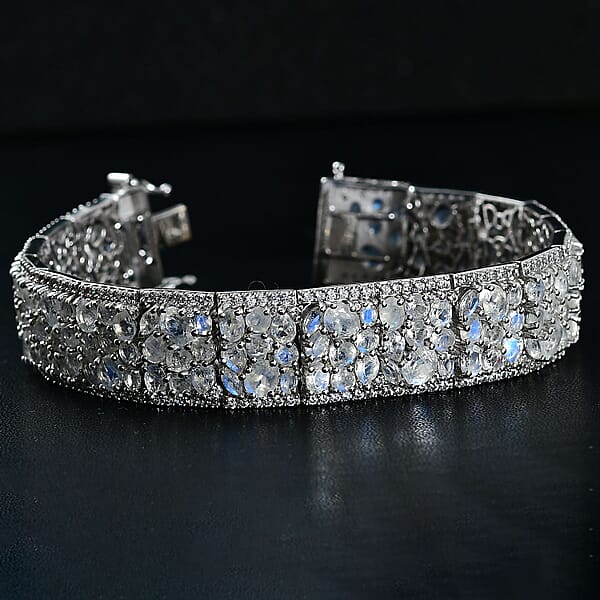 D'Joy Premium Moon Glow Moonstone And White Zircon 29.00 Ctw Carpet Of Stars Bracelet In Rhodium Over Sterling Silver (7.25 In)
