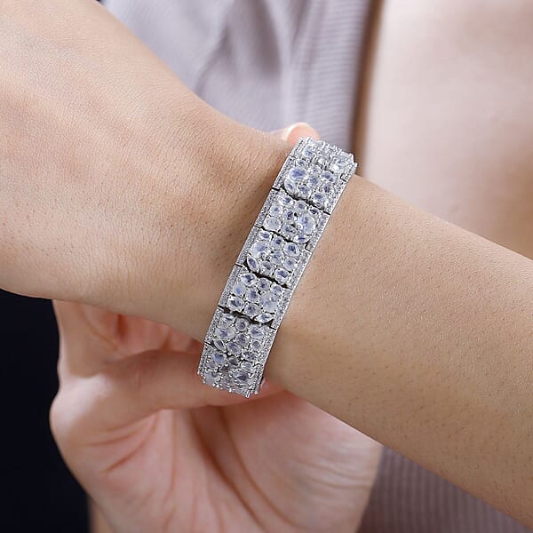 D'Joy Premium Moon Glow Moonstone And White Zircon 29.00 Ctw Carpet Of Stars Bracelet In Rhodium Over Sterling Silver (7.25 In)