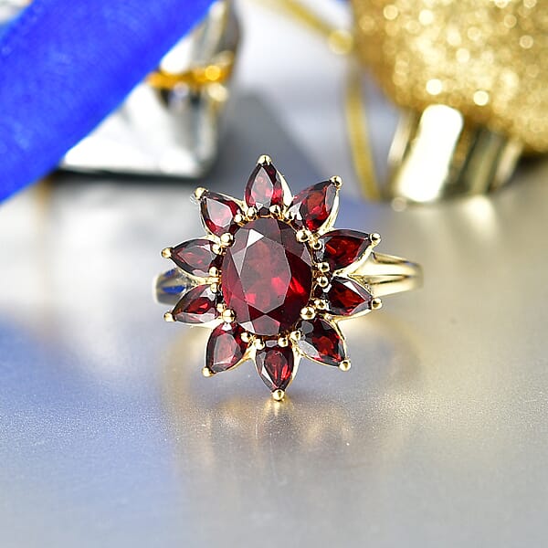 D'Joy Premium Mozambique Garnet 5.00 Ctw Blazing Flora Ring In 18K Vermeil Yellow Gold Over Sterling Silver