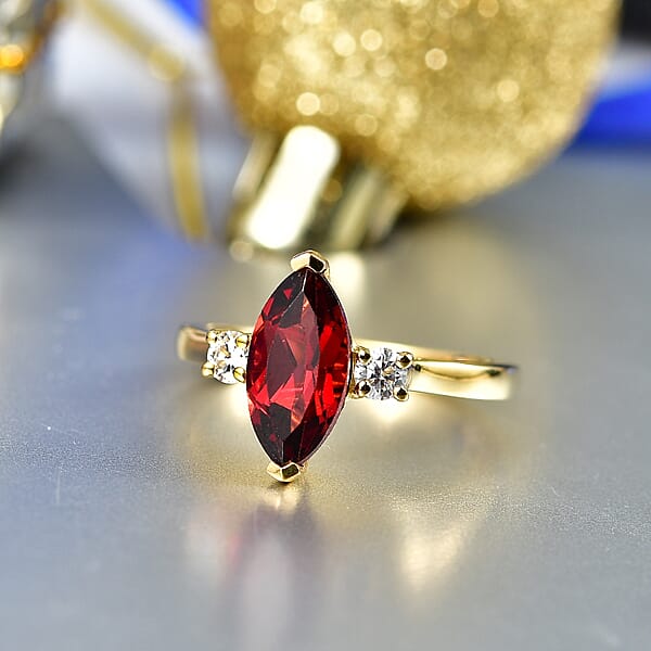 D'Joy Premium Mozambique Garnet And Moissanite 2.20 Ctw Flare Majesty Ring In 18K Vermeil Yellow Gold Over Sterling Silver