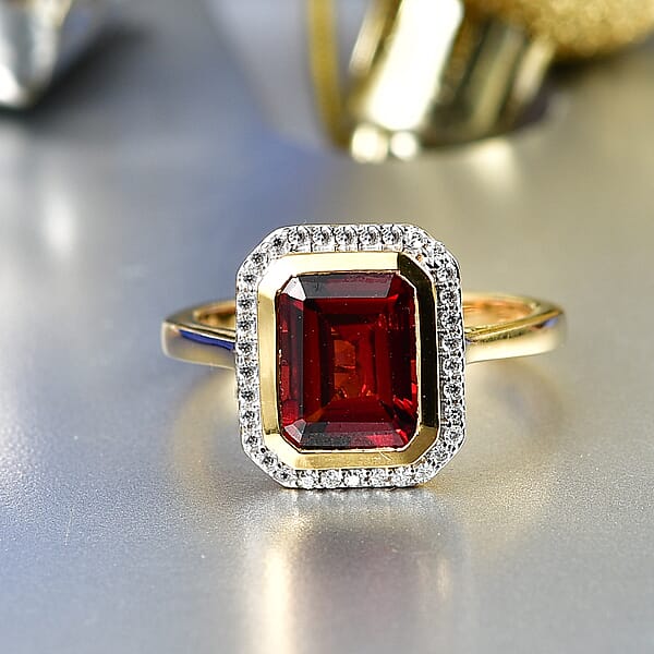 D'Joy Premium Mozambique Garnet And Moissanite 3.00 Ctw Passion Regal Ring In 18K Vermeil Yellow Gold Over Sterling Silver