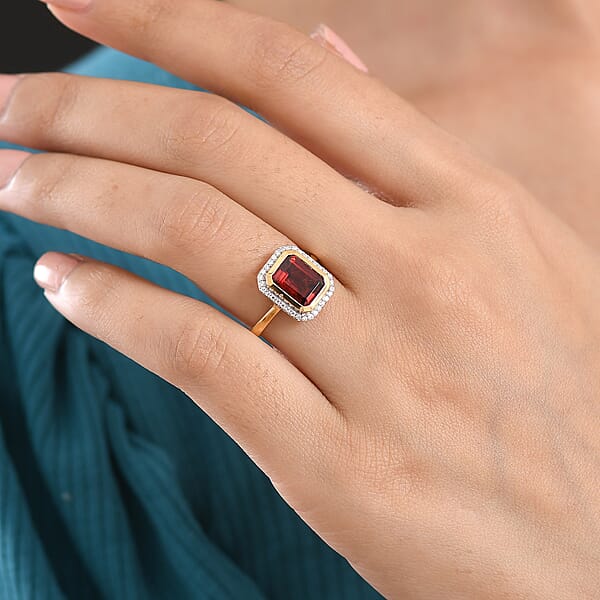 D'Joy Premium Mozambique Garnet And Moissanite 3.00 Ctw Passion Regal Ring In 18K Vermeil Yellow Gold Over Sterling Silver