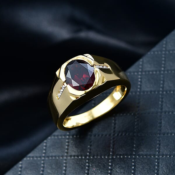 D'Joy Premium Mozambique Garnet And Moissanite 3.00 Ctw Fireforge Band Men's Ring In 18K Vermeil Yellow Gold Over Sterling Silver