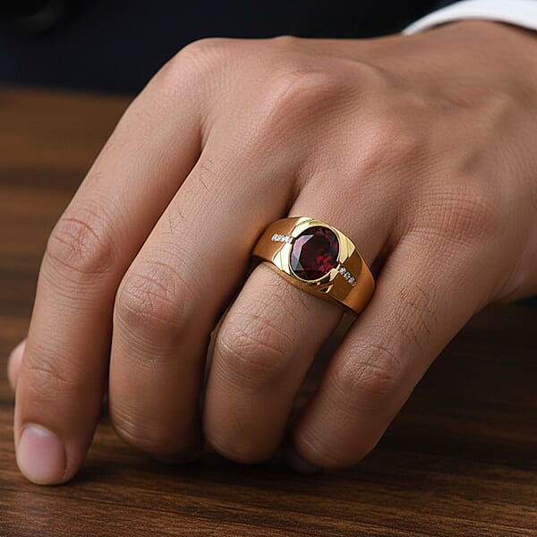 D'Joy Premium Mozambique Garnet And Moissanite 3.00 Ctw Fireforge Band Men's Ring In 18K Vermeil Yellow Gold Over Sterling Silver