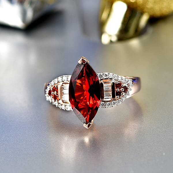 D'Joy Premium Mozambique Garnet And Moissanite 3.20 Ctw Deco Flame Ring In 18K Vermeil Rose Gold Over Sterling Silver